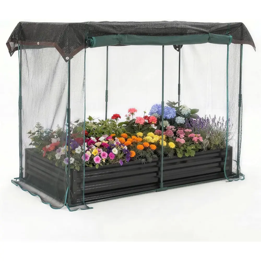 Galvanized Raised Garden Bed with Crop Cage, 8×4×1ft Metal Planter Box with Plant Protection Net & Shade Cloth Roof, Zippered Doors Outdoor Garden Bed for Vegetables Herbs Flowers