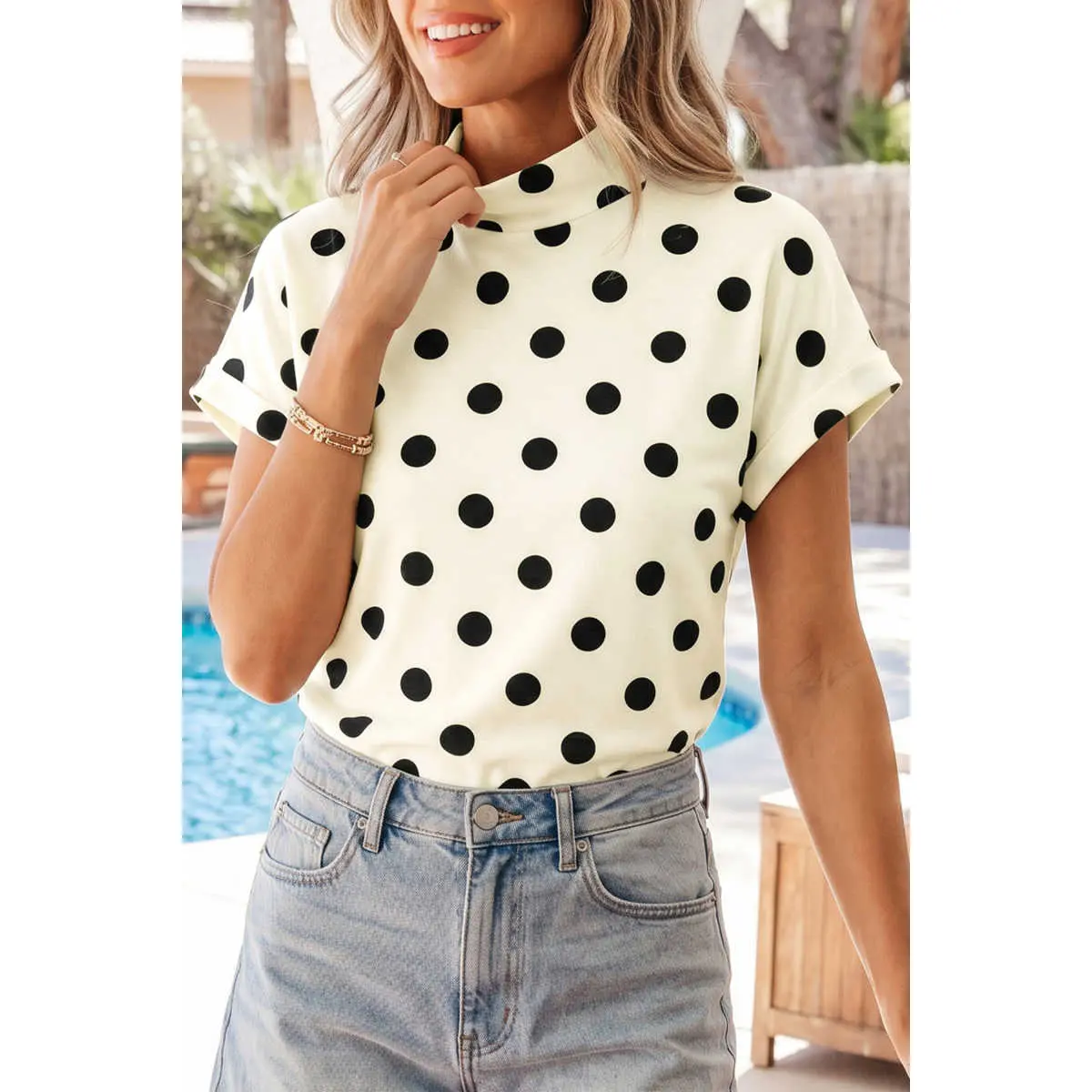 Beige Polka Dot Print High Neck Dolman Top