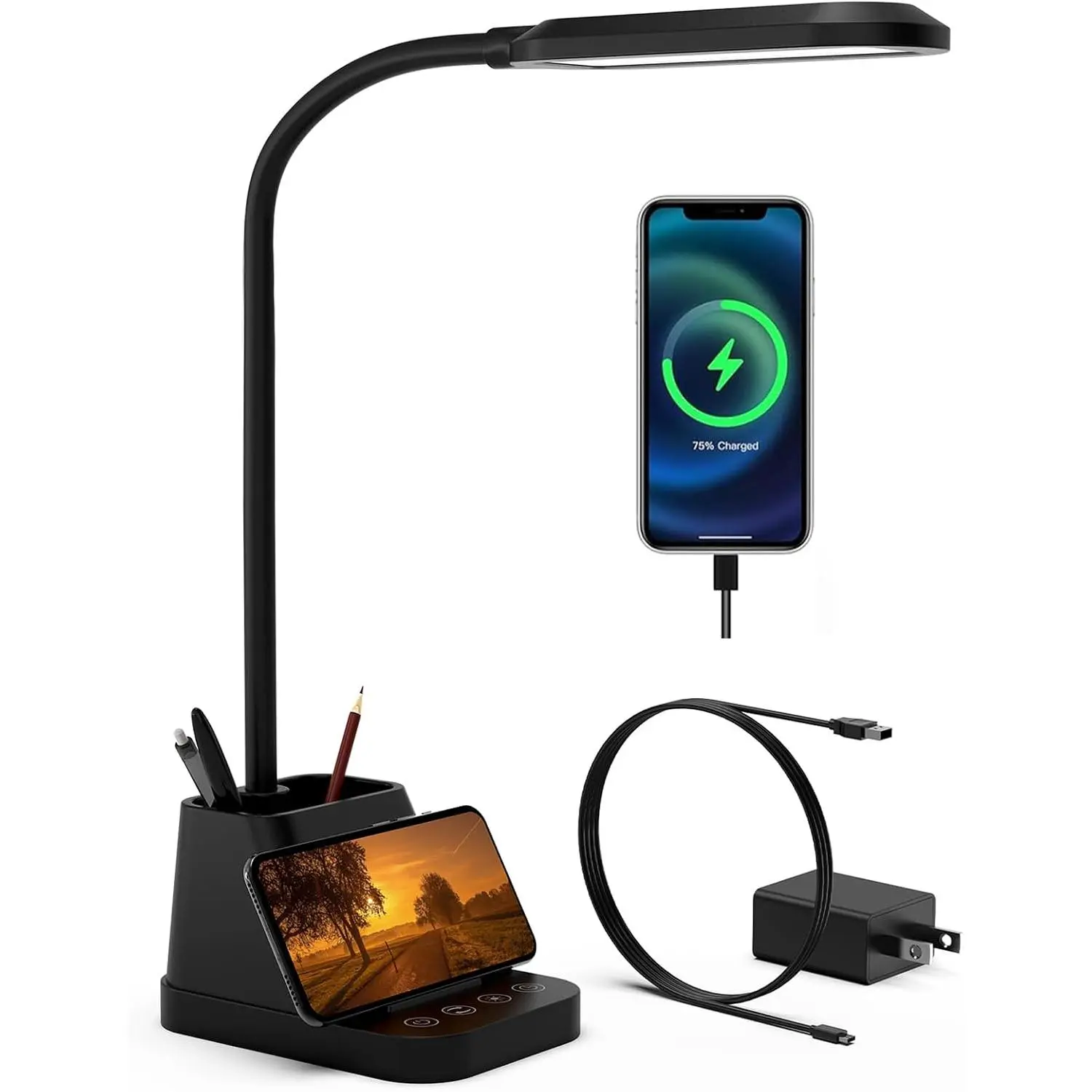 LED Desk Lamp with USB Charging Port - Black, Small, 650LM, Flexible Gooseneck, Pen Holder, Timer Settings - Home Office Bedroom Light for Kids, Parents, Drawing, Puzzle, Craft School College Dorm Essentials