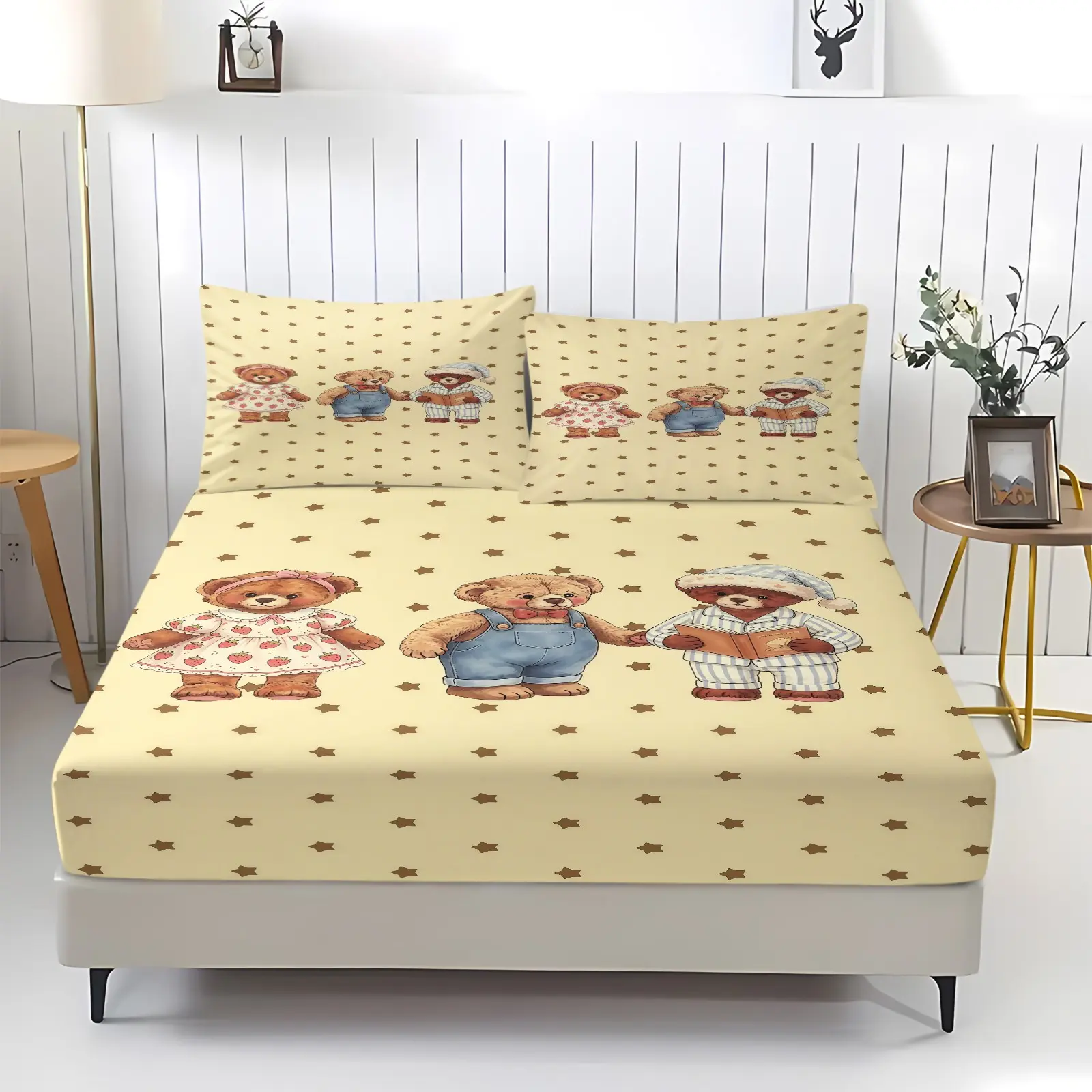 Three cute teddy bear printed pattern bedsheet, including 1 bed sheet and 2 pillowcases, anti slip dust cover suitable for bedrooms and guest rooms, suitable for personal use or gift giving