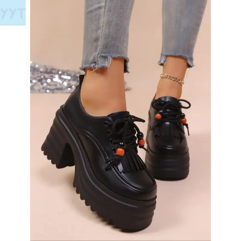 Women's YYT1 Punk PU Leather Plain Platform Oxfords - Lace-Up, Thick Sole, Chunky Heel, Fringe Detailing, All Seasons, New Arrival Height-Increasing Single Shoes