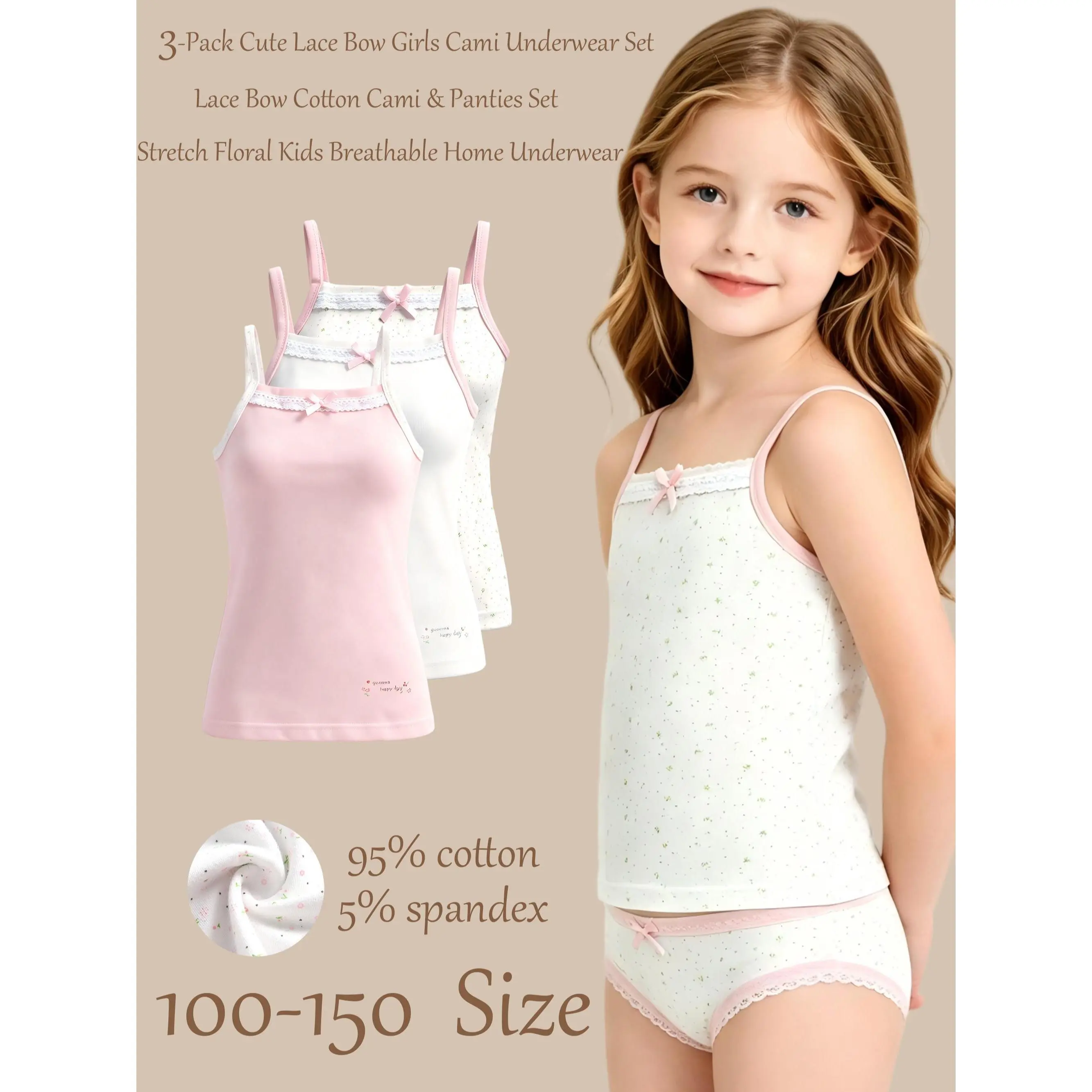 Girls 3 Pack 95% Cotton Matching Cami & Panties Set, Lace Bow Ditsy Floral Spandex Kids Sleep Loungewear Set Size 100-150