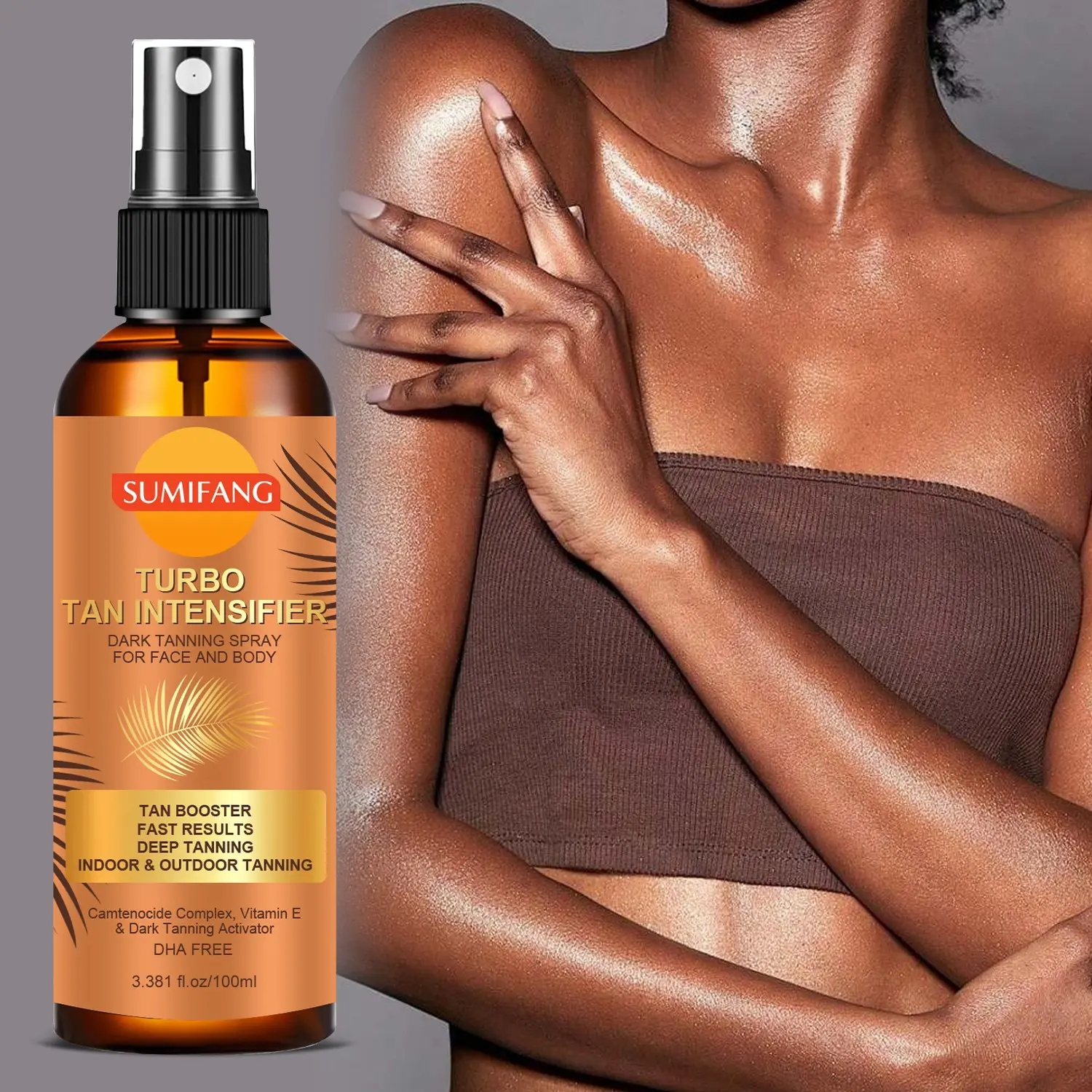 SUMIFANG Turbo Sunless Tanning Spray 100ml – Natural bronze glow; formulated with Salicylic Acid, Vitamin E, Niacinamide, and Collagen; fast-absorbing and non-sticky; suitable for face and body.