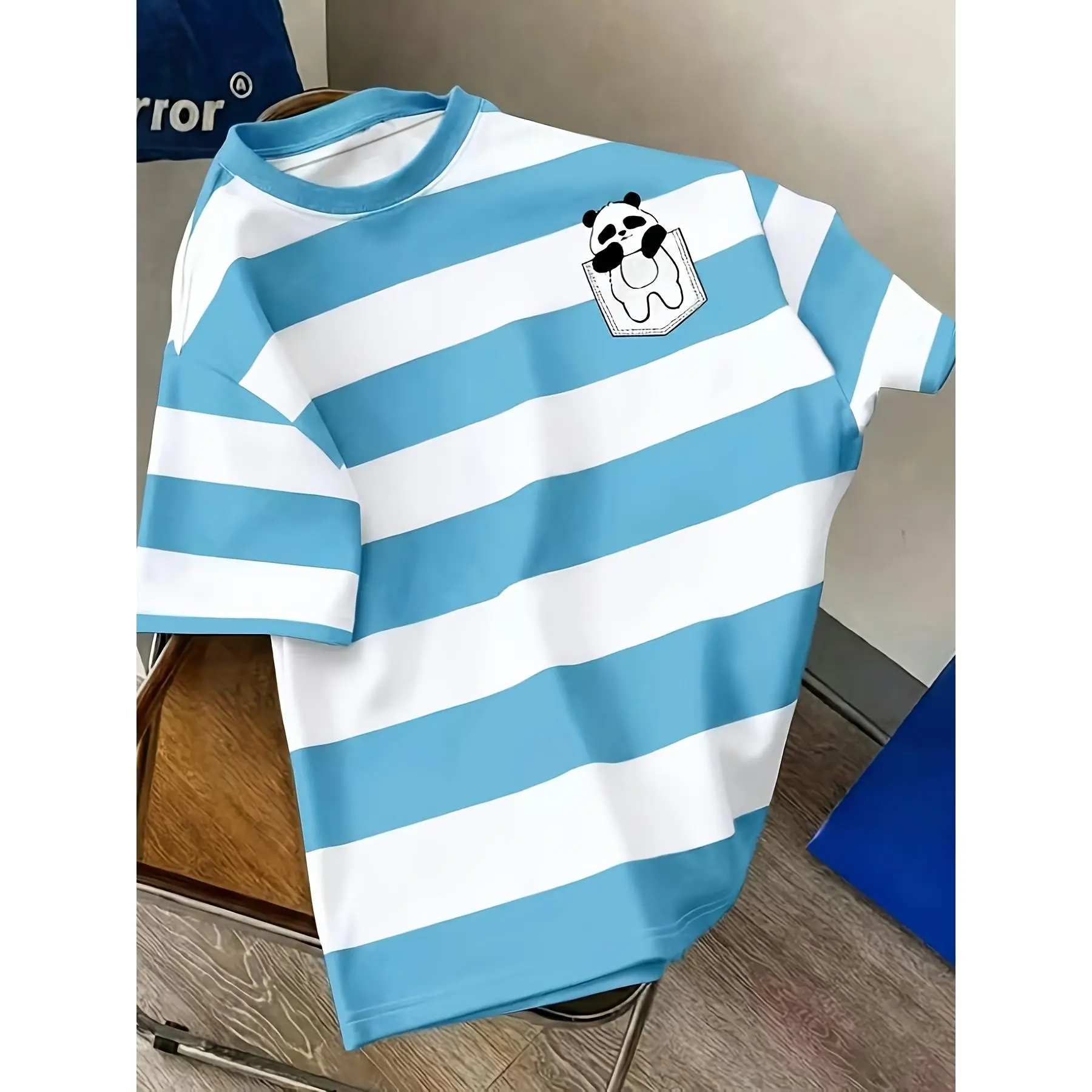 Casual Panda Print T-Shirt - Blue & White Horizontal Stripe Round Neck Short Sleeve Shirt with Panda,  Suitable for - Wear, Everyday Outfits and Themed Events