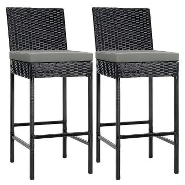 Brown Outdoor Wicker Rattan Bar Stools Set of 4 - 30" Counter Height Patio Chairs with Back, Footrest, Seat Cushions, Metal Frame, 400 lbs Capacity, Assembly Required for Balcony, Poolside