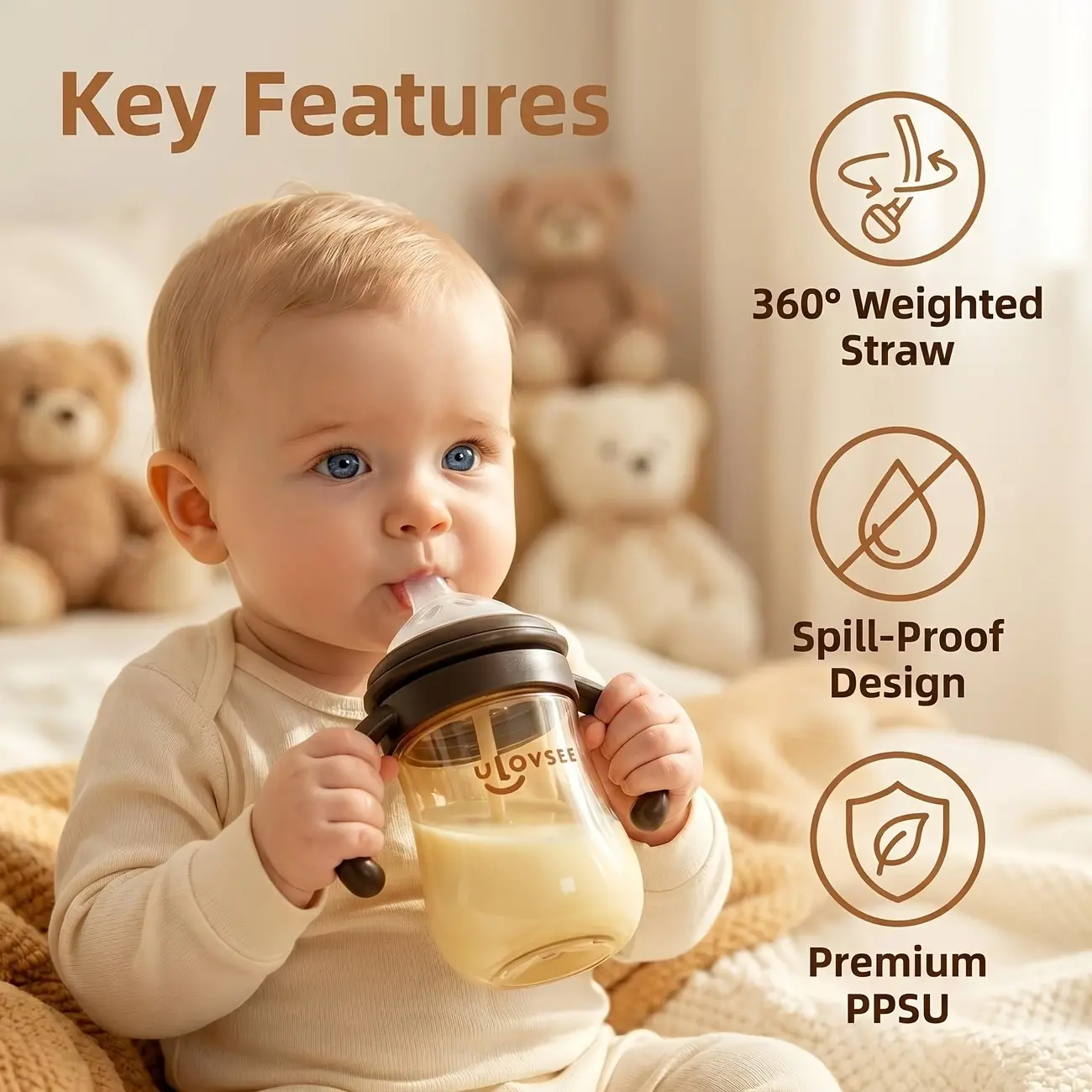 8oz/10oz Cute Bear Ear Baby Bottle, with Handle and Weighted Straw, Wide-Mouth Feeding Bottle, Easy to Clean, Milk Bottle for Babies