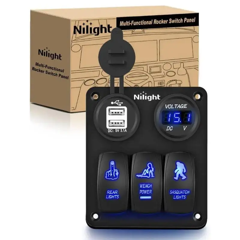 Nilight 3Gang Sasquatch Lights/Wench Power/Rear Lights 5Pin ON/Off Rocker Switch Panel W/ USB Charger LED Voltmeter