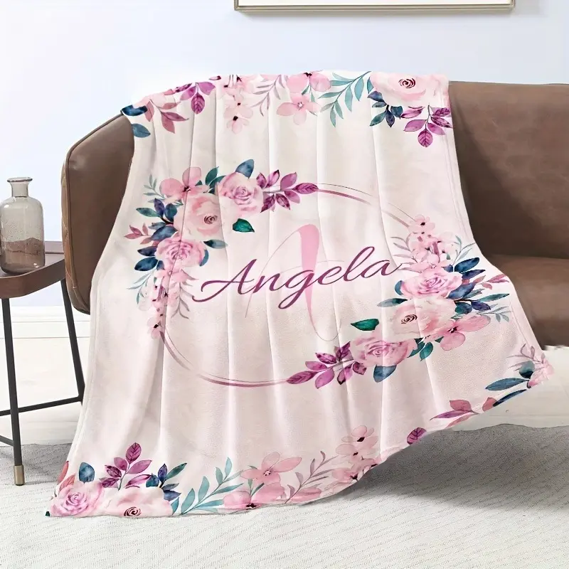 Personalized Name Pink Watercolor Feminine Roses Floral Letters Wreath Print 100% Polyester Flannel Fleece Throw Blanket - Ultra-Soft, Lightweight, Anti-Pilling, No-Shed, Breathable, All-Season Cozy Custom Home Décor for Sofa, Indoor Use, Modern Boho