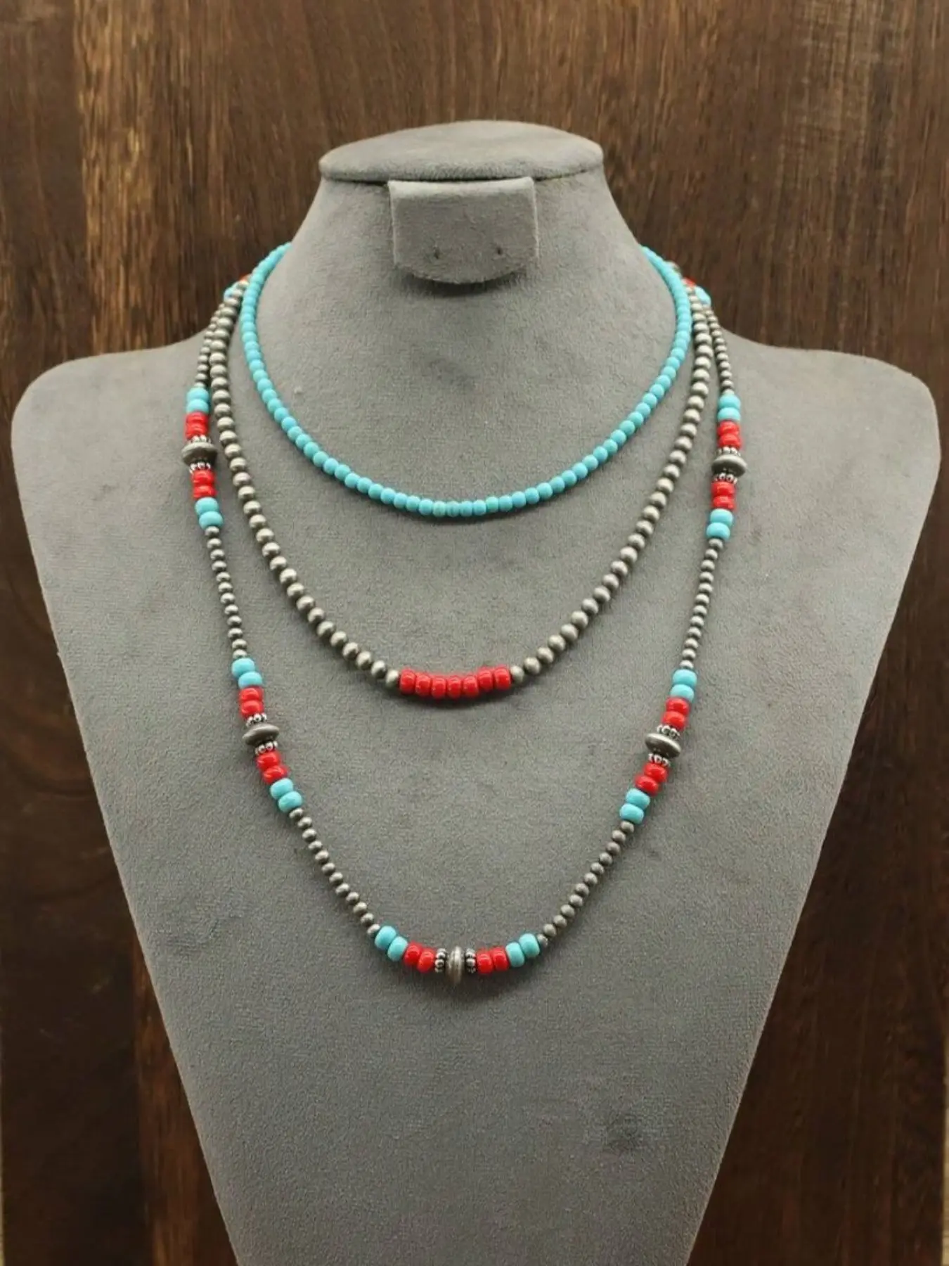 3Pcs Multi-Layer Beaded Necklace Set, Bohemian Turquoise & Red Stackable Strand Necklaces, Vintage Ethnic Daily Casual Women Accessory, Contrast Aesthetic
