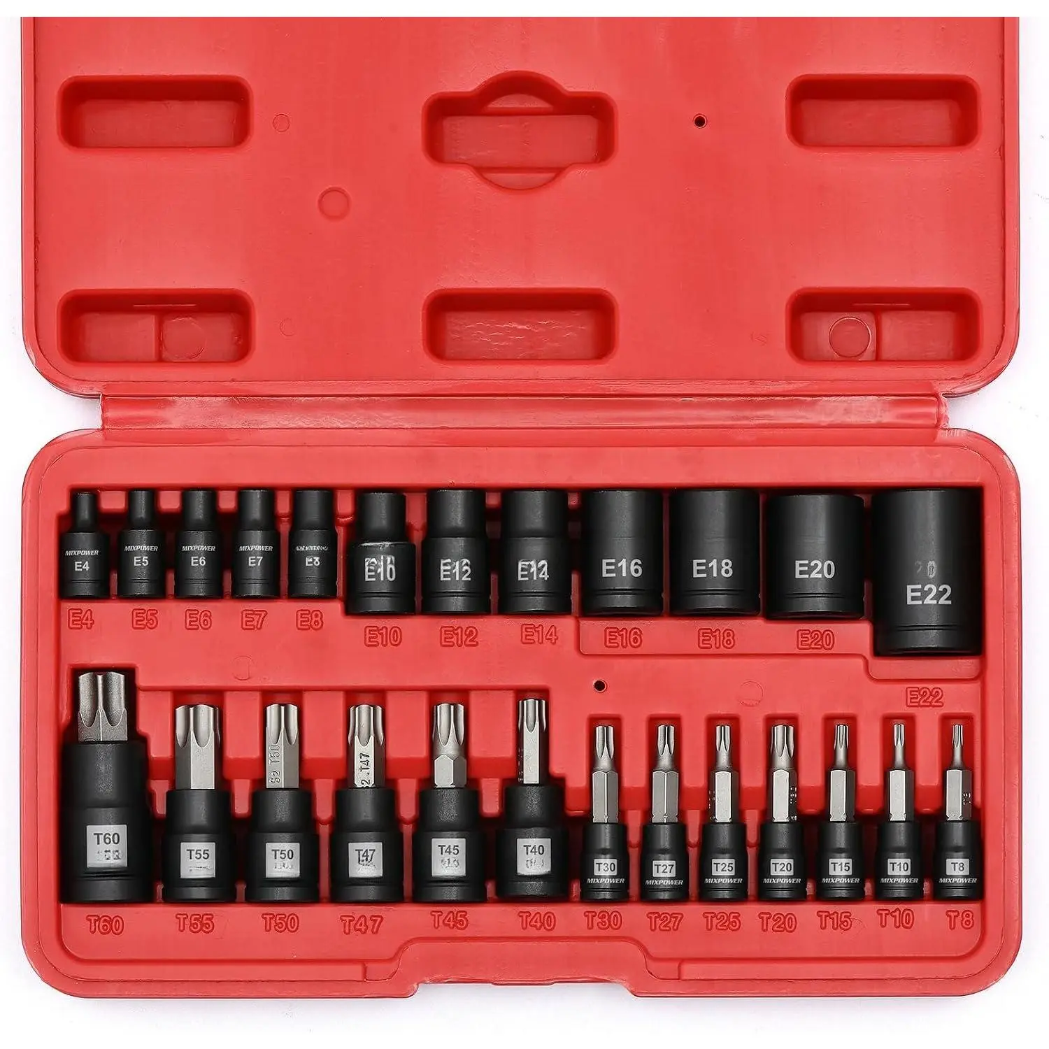 25 count Torx Bit and Socket Set, 13  Bits (T8- T60) & 12 E-Torx Sockets (E4-E22), Professional Grade Auto &  Mechanic Set
