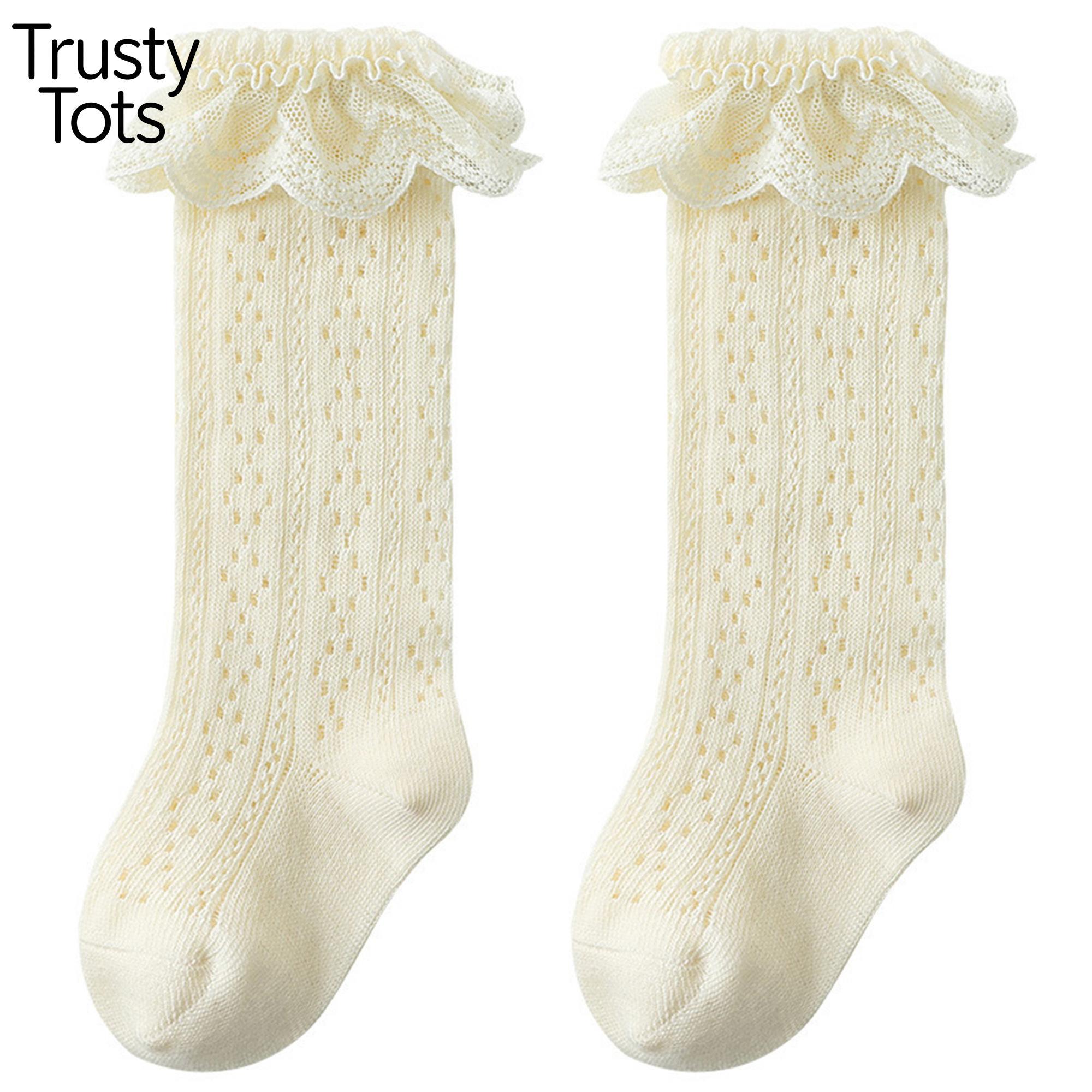 Trusty Tots  Toddler Girls Knee High Socks Summer Breathable Knit Lace Ruffle Princess Socks for Party, Wedding, Photography Unisex Earth Tone Knit Baby Stocking / Tights Baby Leggings
