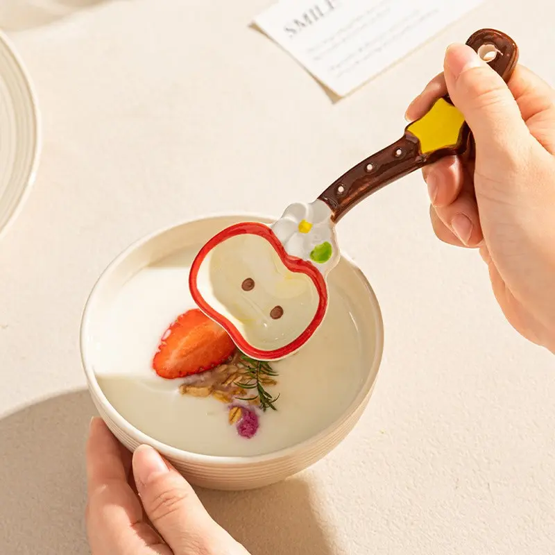Creative Apple Shape Ceramic Spoon, Cute Flower Handle Dessert Spoon, Soup Spoon, High Aesthetic Tableware, Perfect Gift for Holidays