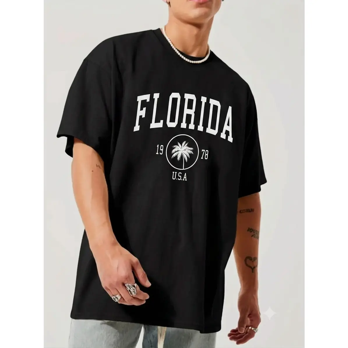 Men's Regular Fit Cotton Fabric Palm Tree & Florida Print Round Neck Short-Sleeve Tshirt, Casual Summer Apparel, Fashion Menswear Daily Top, Tropical, Shortsleeve, Unisex, Classic, Fun Men's Short-Sleeve T-Shirts, Digital Print