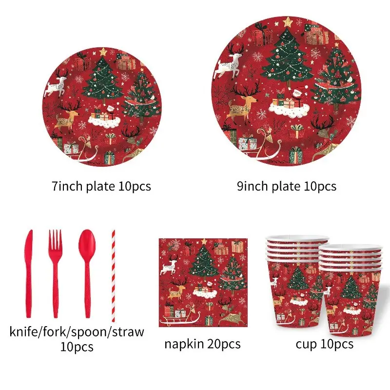 90pcs Christmas Forest Theme Disposable Paper Plates Cups Napkins Cutlery Set, Birthday Party Gathering Kit, Suitable for 10 People