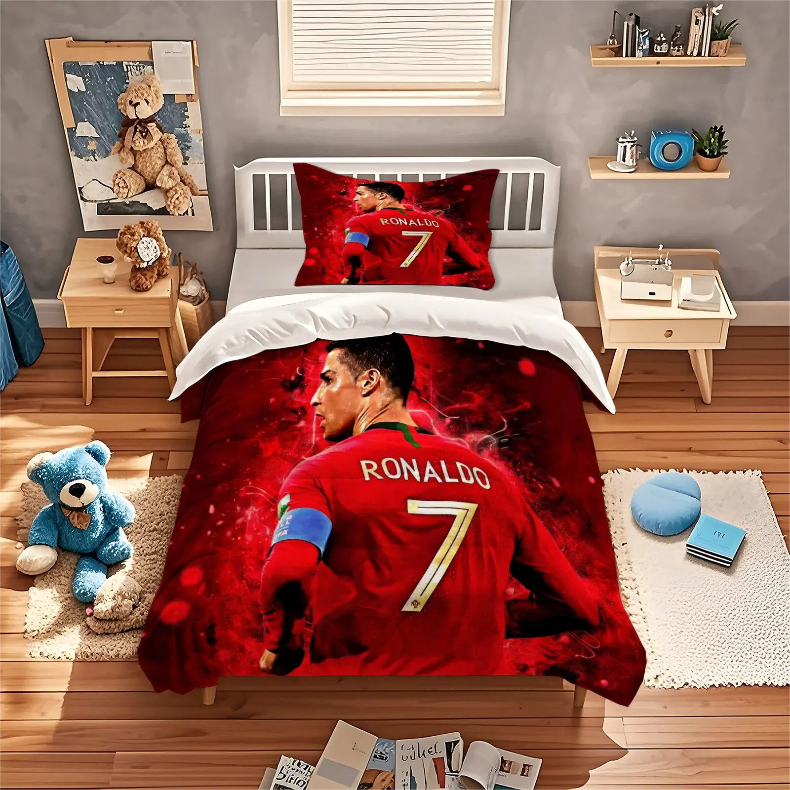 Cristiano Ronaldo Printed Duvet Cover Set, Football Theme, 1 Duvet Cover With 1/2 Pillowcase (Excluding Core And Pillow), Suitable For Teenagers And Adults In Bedrooms, Dormitories, And Guest Rooms, Suitable As a Gift And Decoration, Printed Bedding Set
