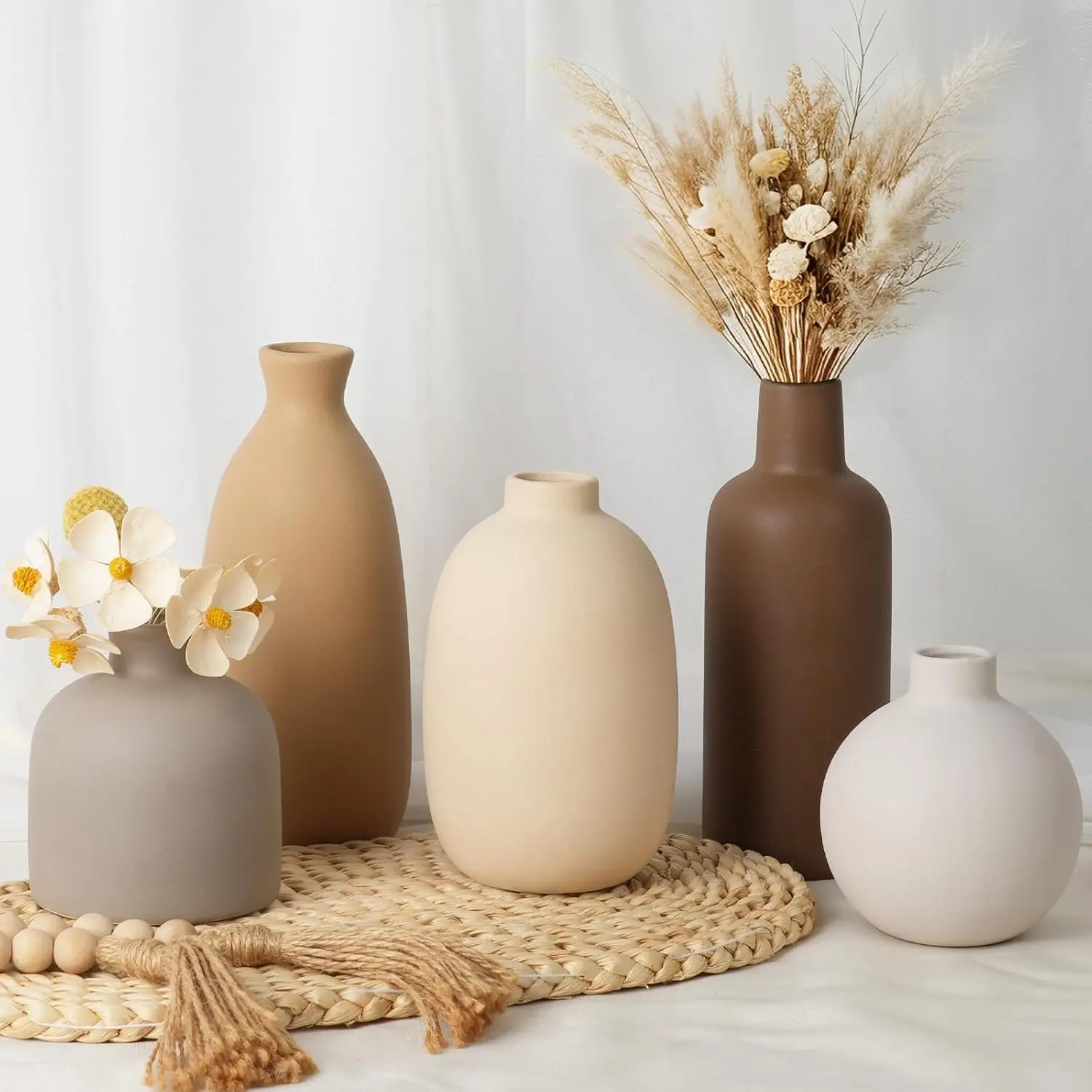 Set of 5 Modern Ceramic Vases for Rustic Farmhouse Home Decor