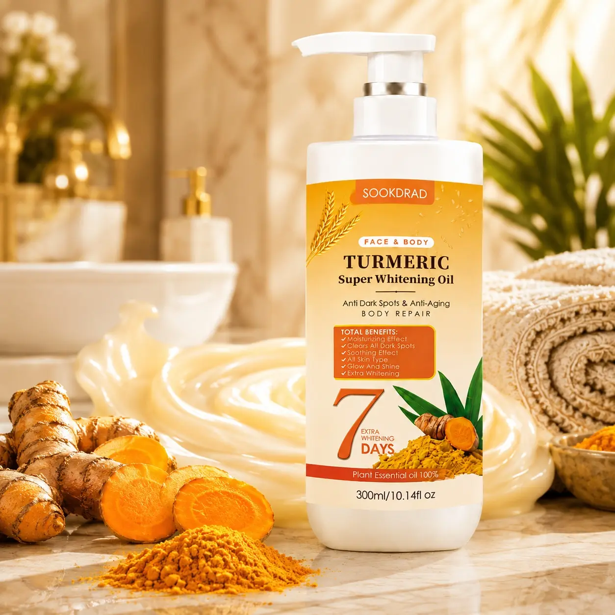 Turmeric Super Whitening Oil, turmeric, anti dark spots, anti aging, body repair, moisturizing, soothing, glow and shine, extra whitening, for face and body, all skin types, plant essential oil,