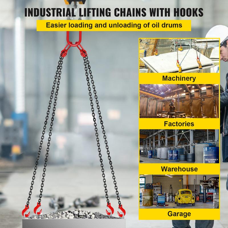 10 Feet Chain Hoist 5/ 16inch x 10 Feet Engine Lifting Chain G80 Alloy Steel Engine Chain Hoist 3 Tons, with 4-Legged Hook and Adjuster, for Mining, Machinery, Ports, Construction