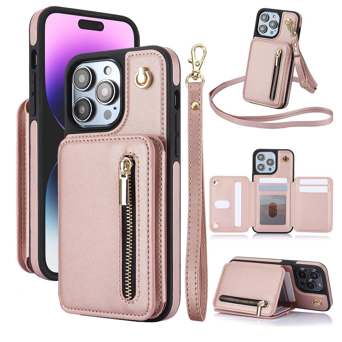 for iPhone 17 Pro Max 16 15 14 13 12 11 Lanyard Leather Zipper Wallet Card Phone Case Hand Rope Cover PU Leather Flip Cover with Hand Strap, with Strap Credit Card Slots Crossbody with Zipper