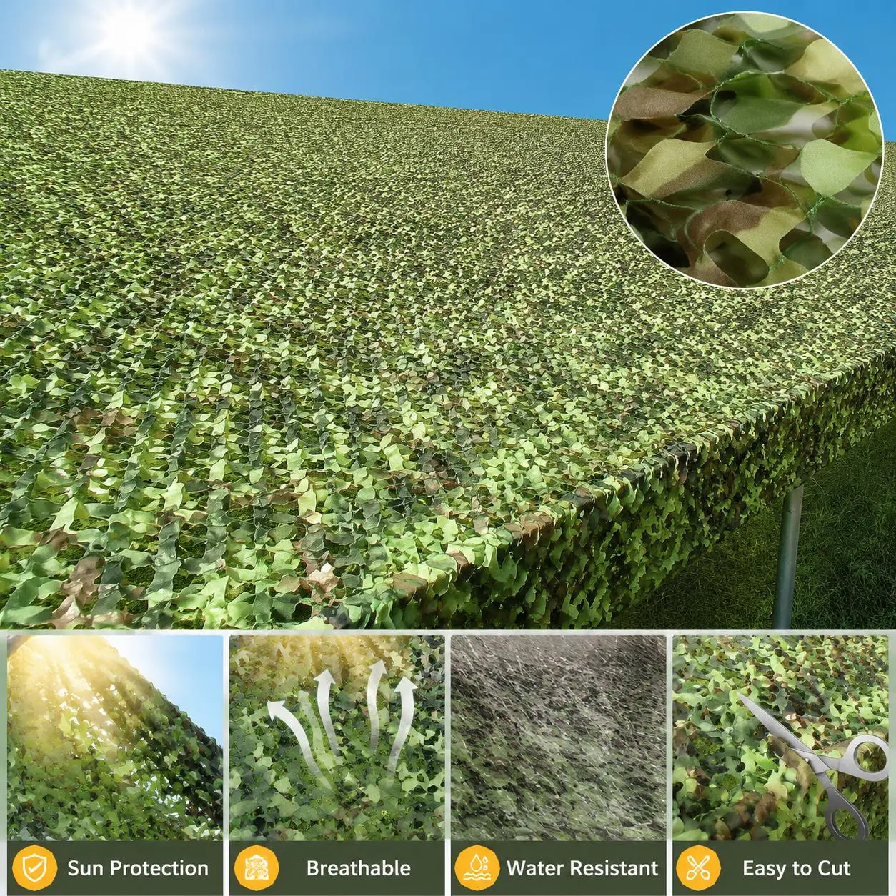 Heavy-Duty Nylon Camouflage Netting with Reinforced Edges for Roof Covering, Military-Grade Jungle Pattern Shade and Aerial Surveillance Concealment for Industrial Buildings and Outdoor Structures