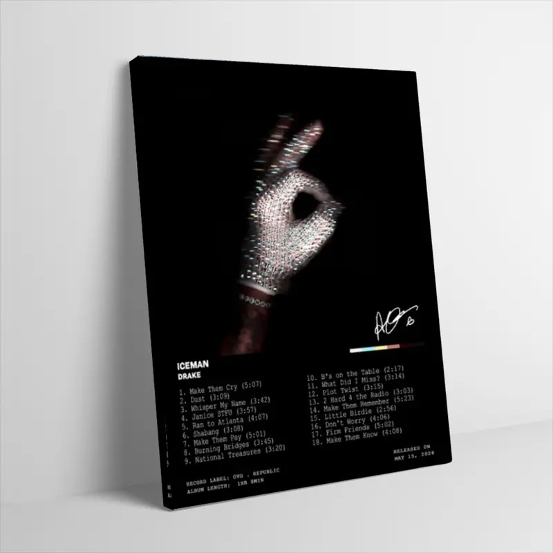 Drake Poster Canvas Wall Art Diamond Hand Sign Tracklist Layout Design Print Hip Hop Rap Music Album Cover Style Artistic Wall Decor for Dorm Room Men Bedroom Man Cave Unframed