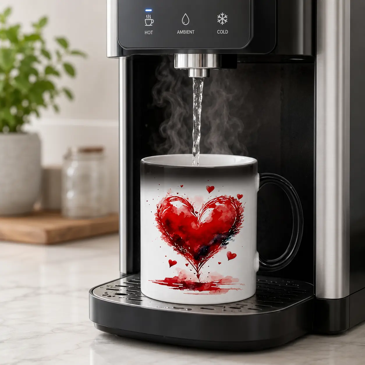 11oz Reusable Washable Color-Changing Ceramic Brew Coffee Mug, Heat-Sensitive Drinkware with Watercolor Heart Print, Romantic Gift for Women on Valentine’s Day Anniversary, Coffeemug