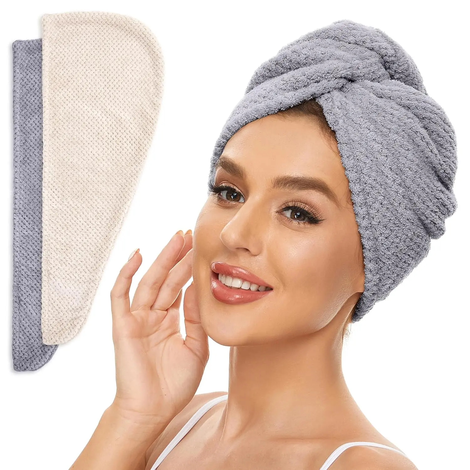 2 Pack Microfiber Hair Towel Wrap for Women, Anti Frizz Quick Drying Hair Turban for  Hair Style, Absorbent and Lightweight (Beige + Grey)