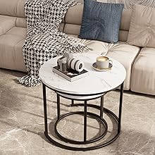 Round Nesting Coffee Table Side Table Set of 2 End Tables for Living Room Bedroom Balcony, White Faux Marble Wooden Table Accent Coffee Table with Black Steel Frame