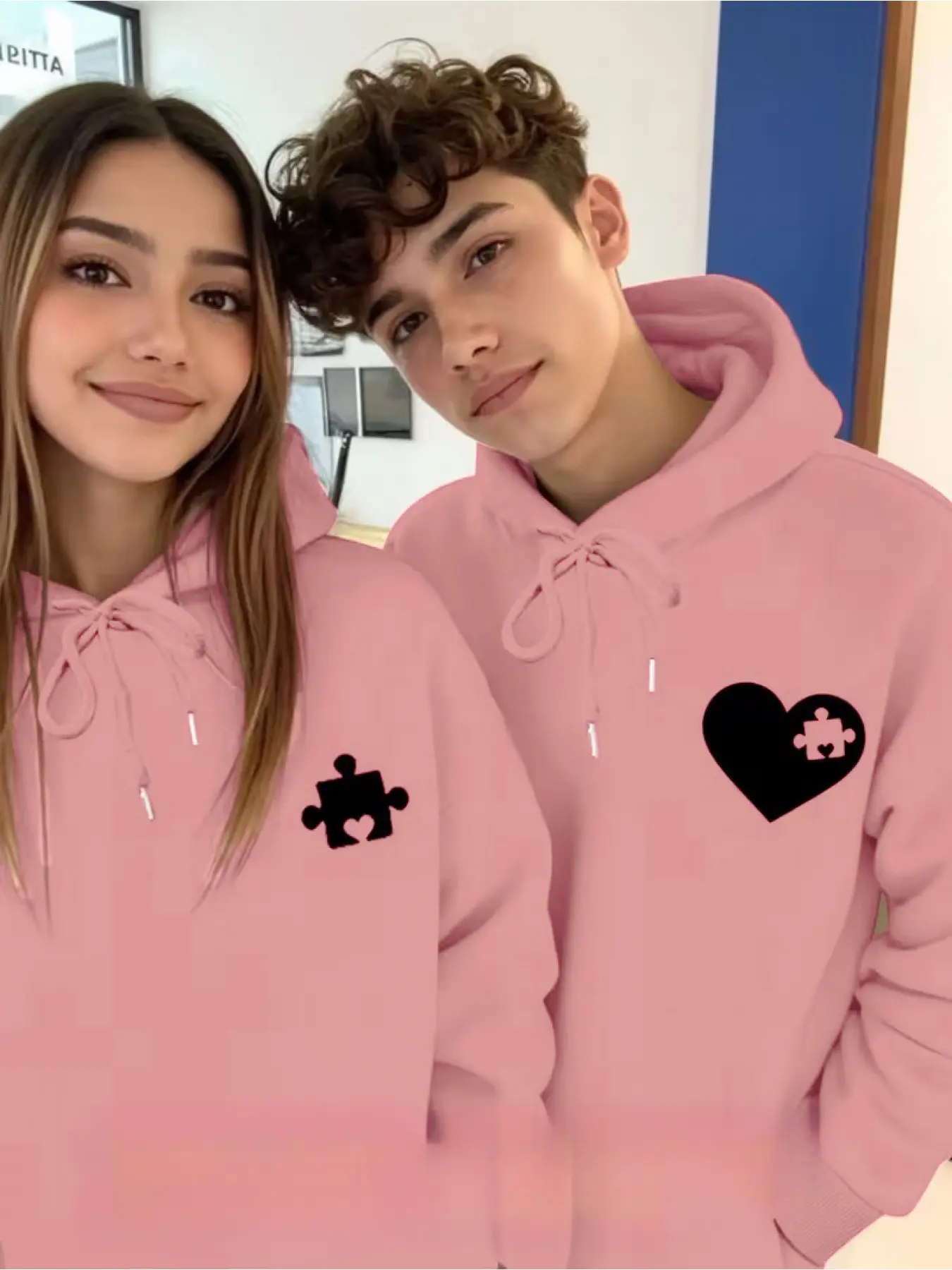 2-Pack Couple Hoodies With Interactive Heart Puzzle Print, Heavyweight Fabric, Minimalist Black Background With White Pattern, Sweet Cool Trendy Oversized Loose Fit, Versatile Daily OOTD Outerwear.
