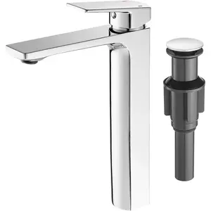 Vessel Sink Faucet Single Handle Tall Bathroom Sink Faucet Chrome Bathroom  Faucet Basin Mixer Tap with Water  Lines and Pop Up Drain,Solid Brass