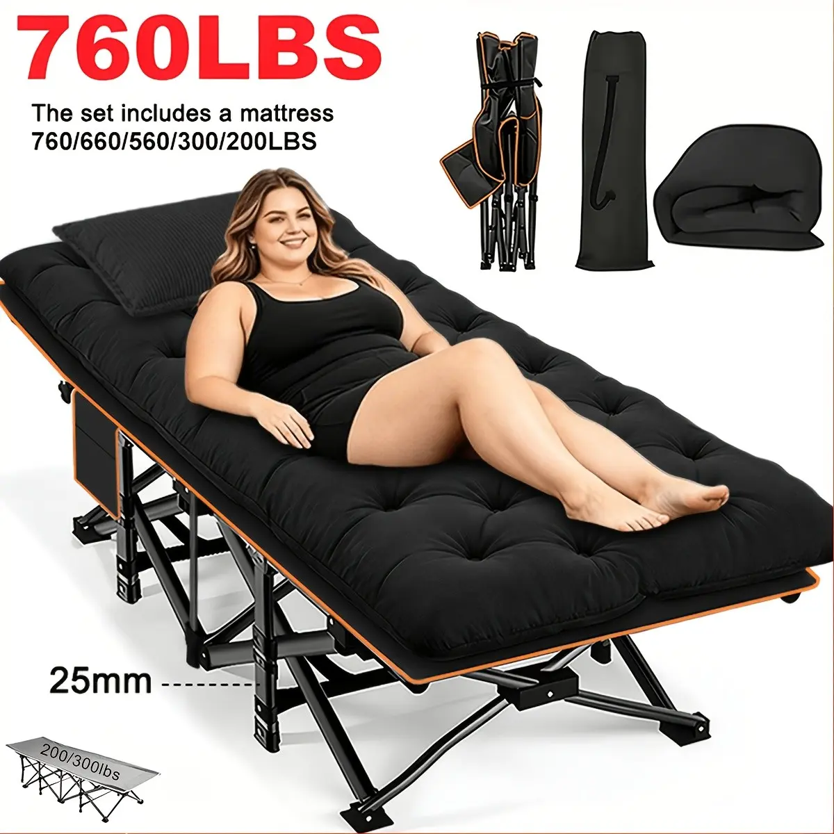 760/660/560 LBS Load-bearing Reinforced Folding Bed with Mattress, 300/200 LBS No Mattress Available. Ideal As Camping Bed And Portable Guest Bed. Adopts Ergonomic Design with Sturdy Bed Frame, Perfect for Courtyard