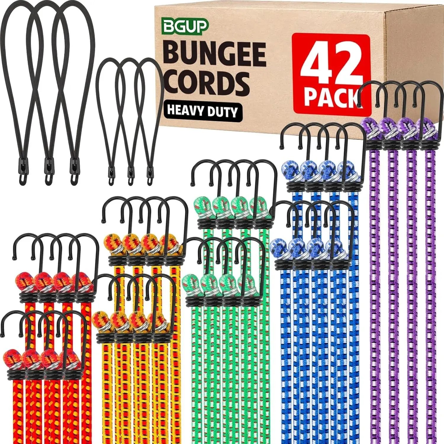 42 Pack Premium Bungee Cords with Hooks, Heavy Duty Outdoor Bungee Cords Assorted Sizes18, 24", 30", 36", 48" Bungie Cord Bundle for Camping Truck Tent Tarp Cargo Securing
