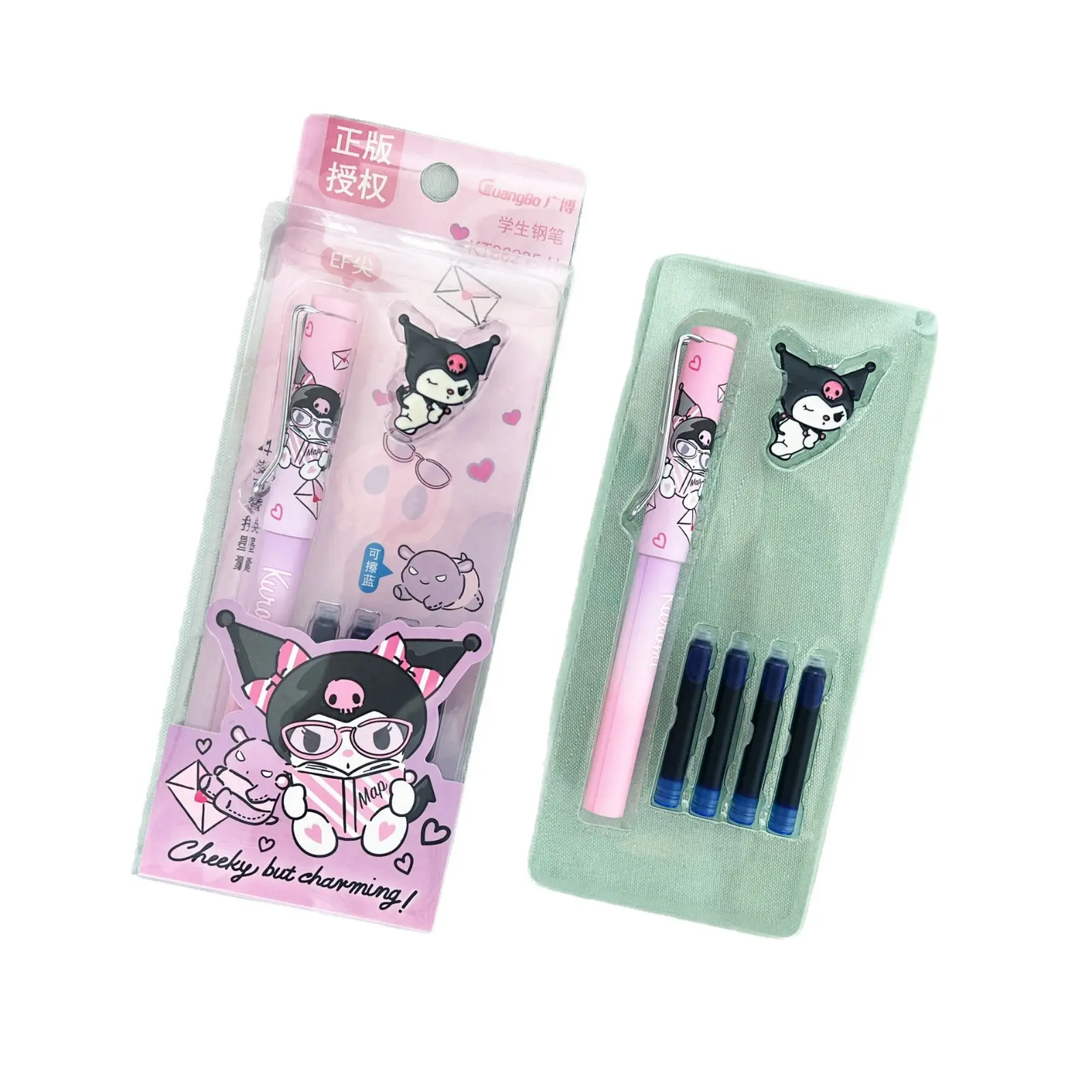 Authentic Guangbo Kuromi erasable blue ink pen set, Sanrio cartoon cute high-value student refillable ink cartridge pen set, pen set, holiday gift, Sanrio Kuromi pen, with Kuromi stamp