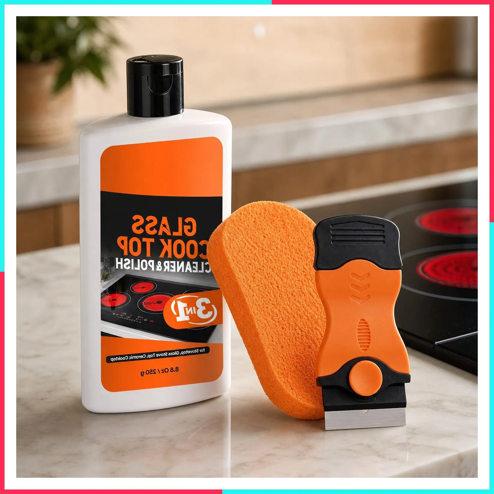 3-in-1 Cooktop Cleaner Kit with 8.8 Oz Cleaner, Scrubbing Pad & Scraper for Electric Stovetops, Ceramic Cooktops and Fireplace Glass - Removes Burned-On Food and Grease