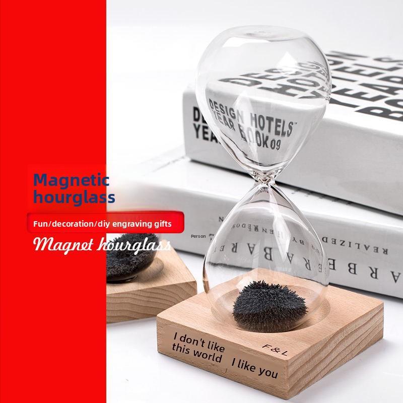 Magnetic Hourglass with Wooden Base - Mesmerizing Iron Filings Sand Timer, Cool Desk Decor Fidget Toy for Office, Unique Stress Relief Gift for Men Women Kids