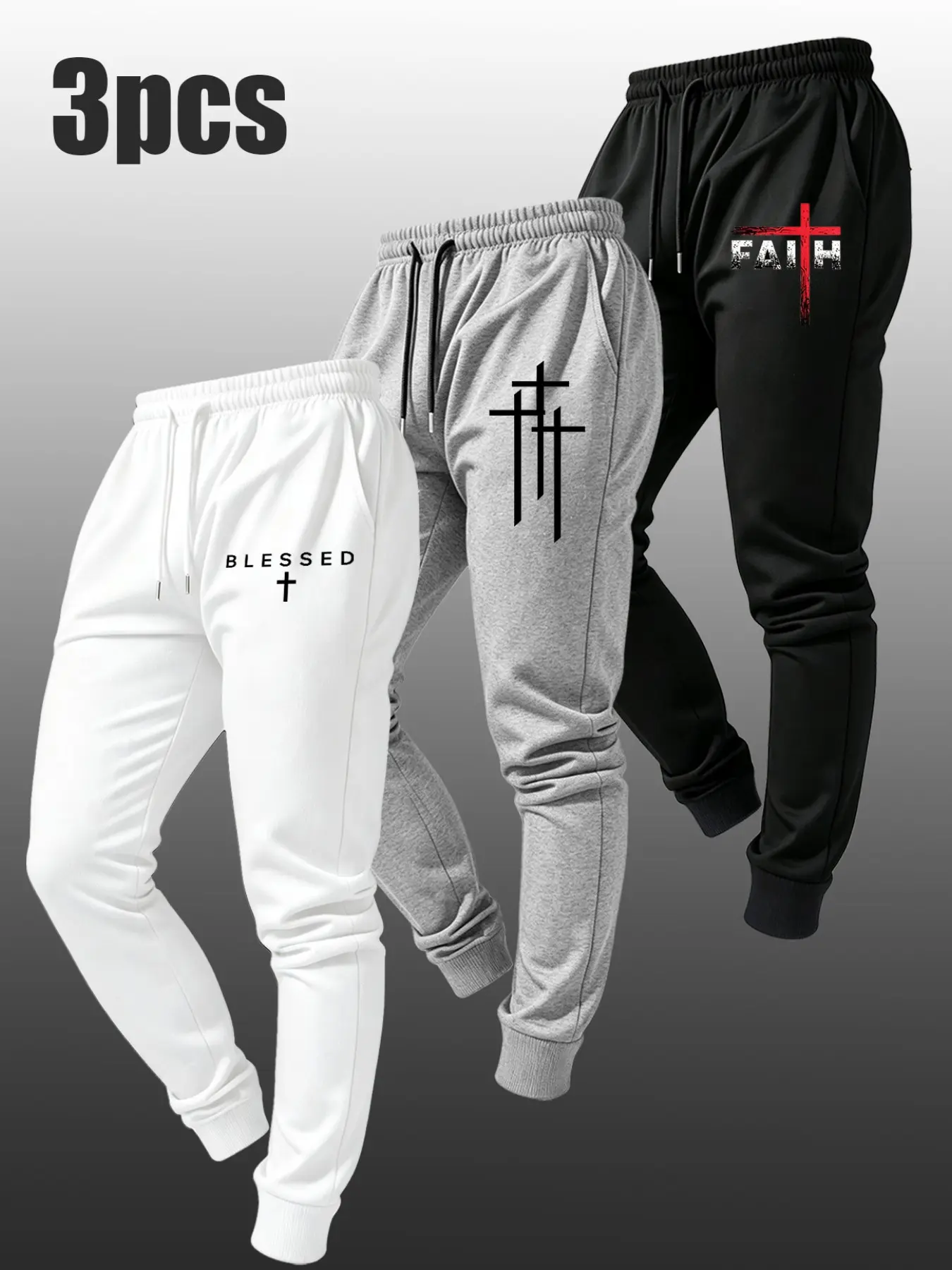 Men's 3 Pack Jogger Pants, Faith Blessed Cross Graphic Drawstring Sweatpants, Elastic Cuff Casual Trousers with Pockets, Streetwear Athletic Workout Daily Wear Jogging Pants for Male