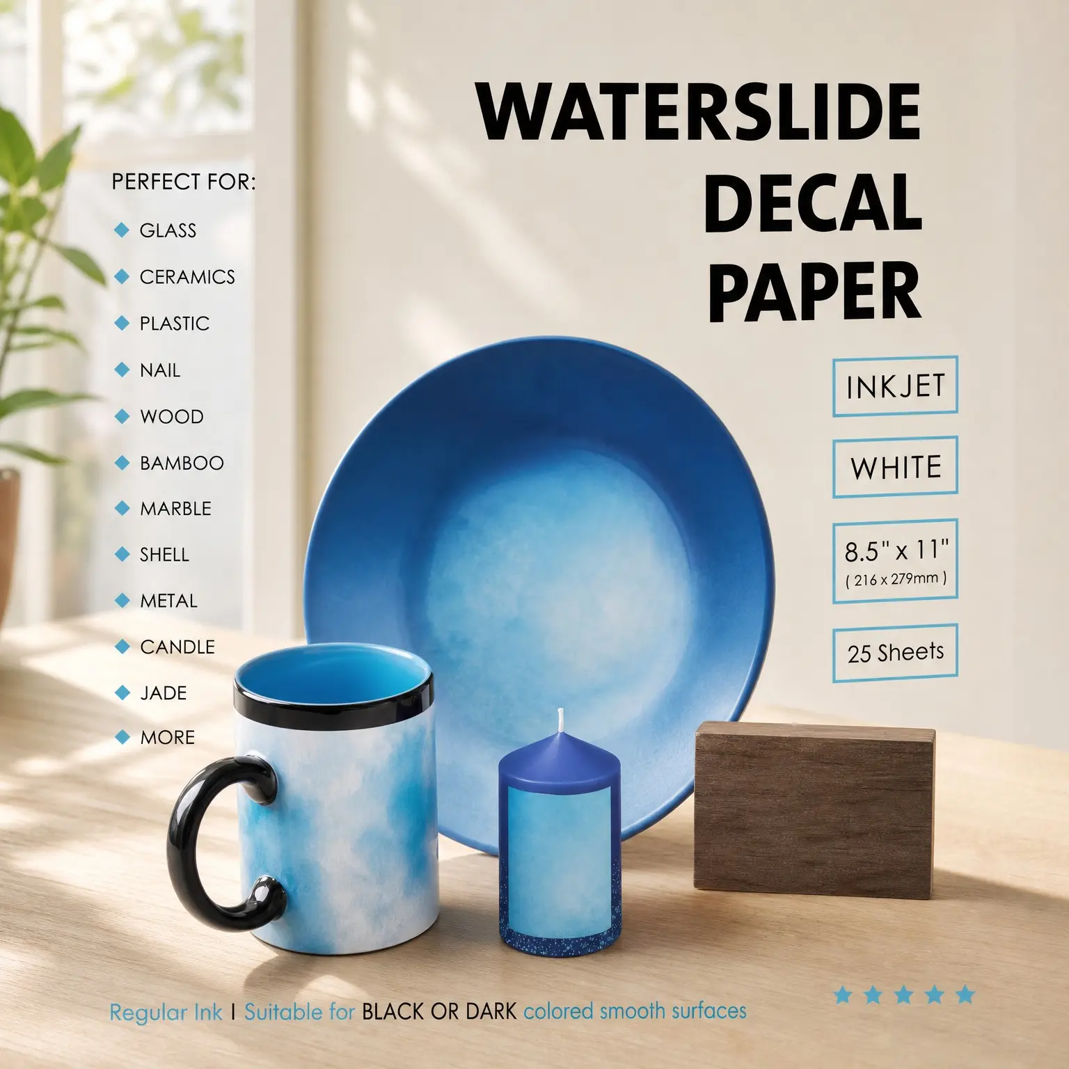 Waterslide Decal Paper for Inkjet Printers - 25 Sheets White 8.5x11 in | Water Slide Transfer Paper for DIY Tumblers, Mugs, Glass, Ceramics
