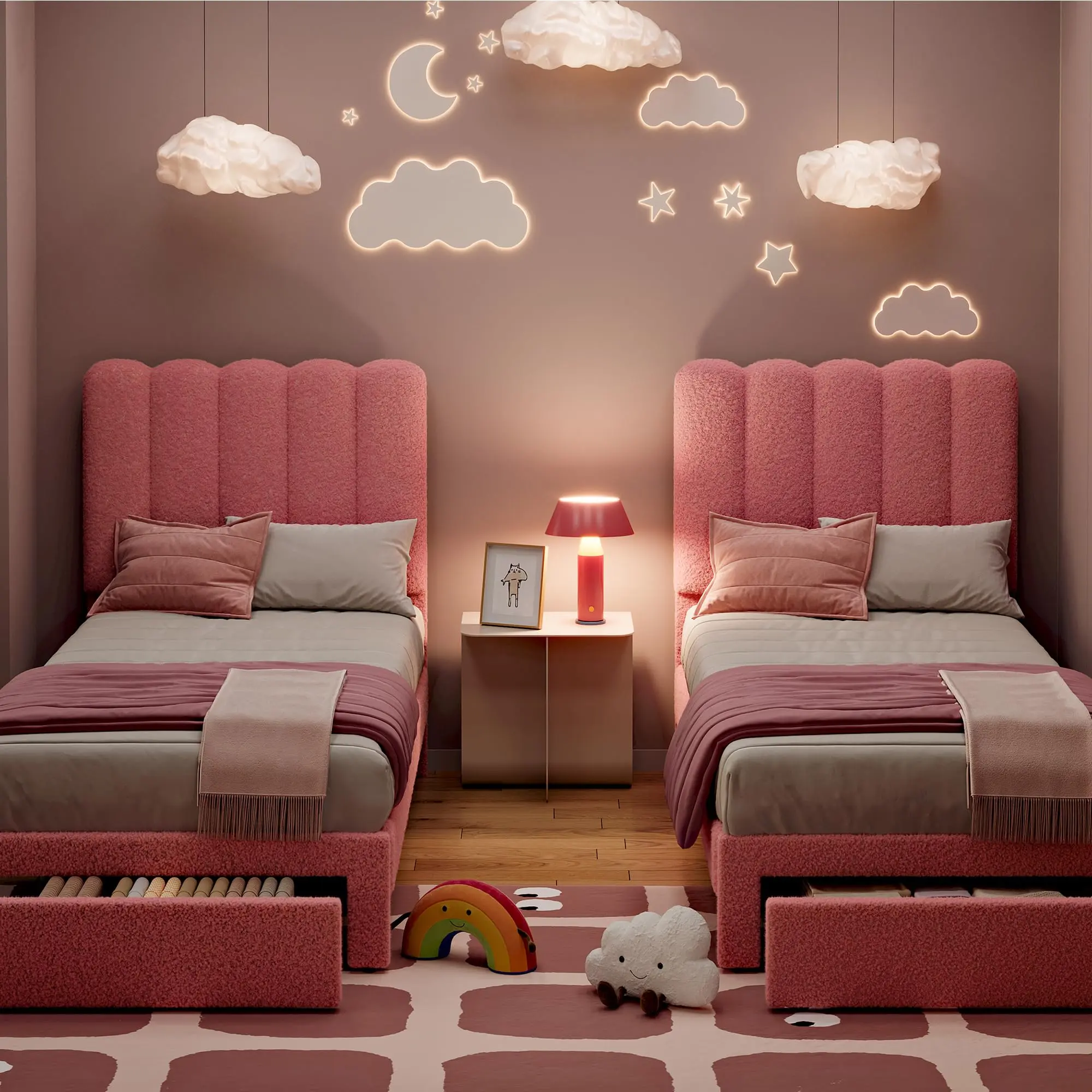 Set of 2 Twin Pink Boucle Platform Beds with Storage Drawers, Wave Headboard, No Box Spring Needed