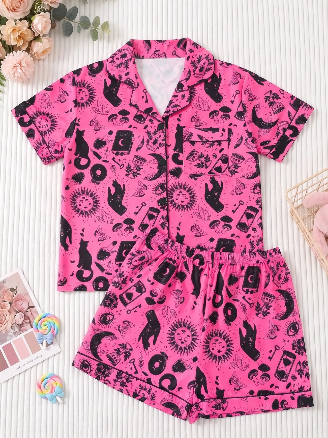 Girls' Summer Sleepwear Set, Short Sleeve & Shorts, Cute Print, Comfortable Breathable Fit, Two-Piece Home, Kids Fashion