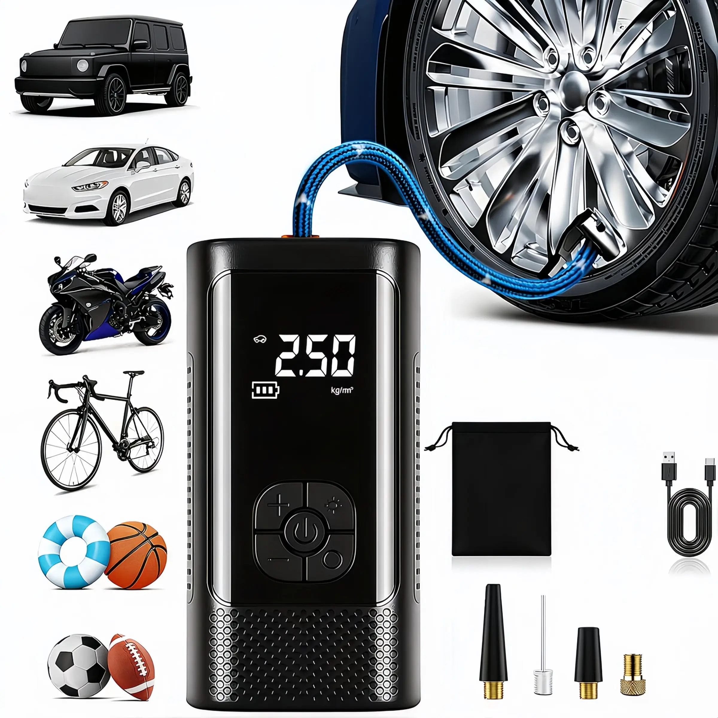 150PSI Cordless Portable Vehicle Tire Inflator with Digital Gauge & LED Light, USB-C Rechargeable Air Compressor, Tire Inflation Pump - Fast Inflation for Cars, Bikes, Motorcycles, Sports Equipment & More, Outdoor Travel Tool