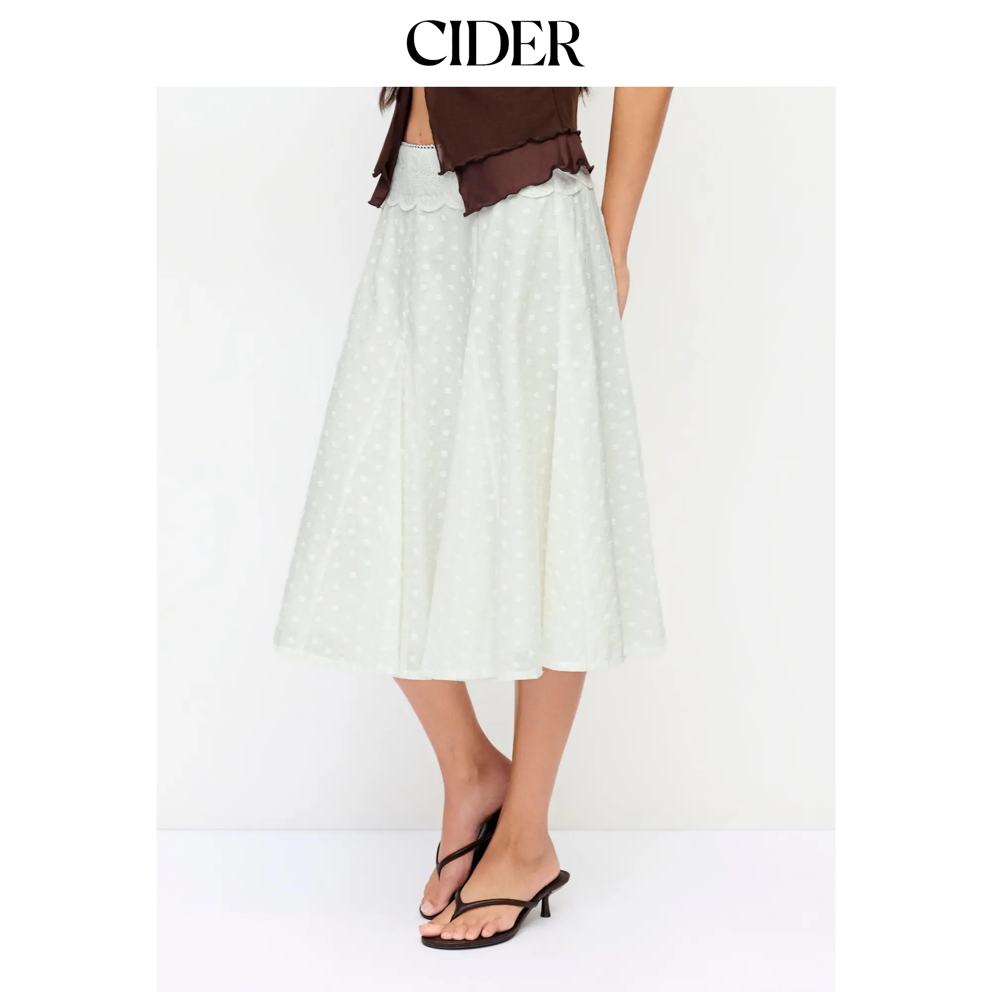 Cider Cotton Jacquard Mid Rise Embroidery A-line Midi Skirt