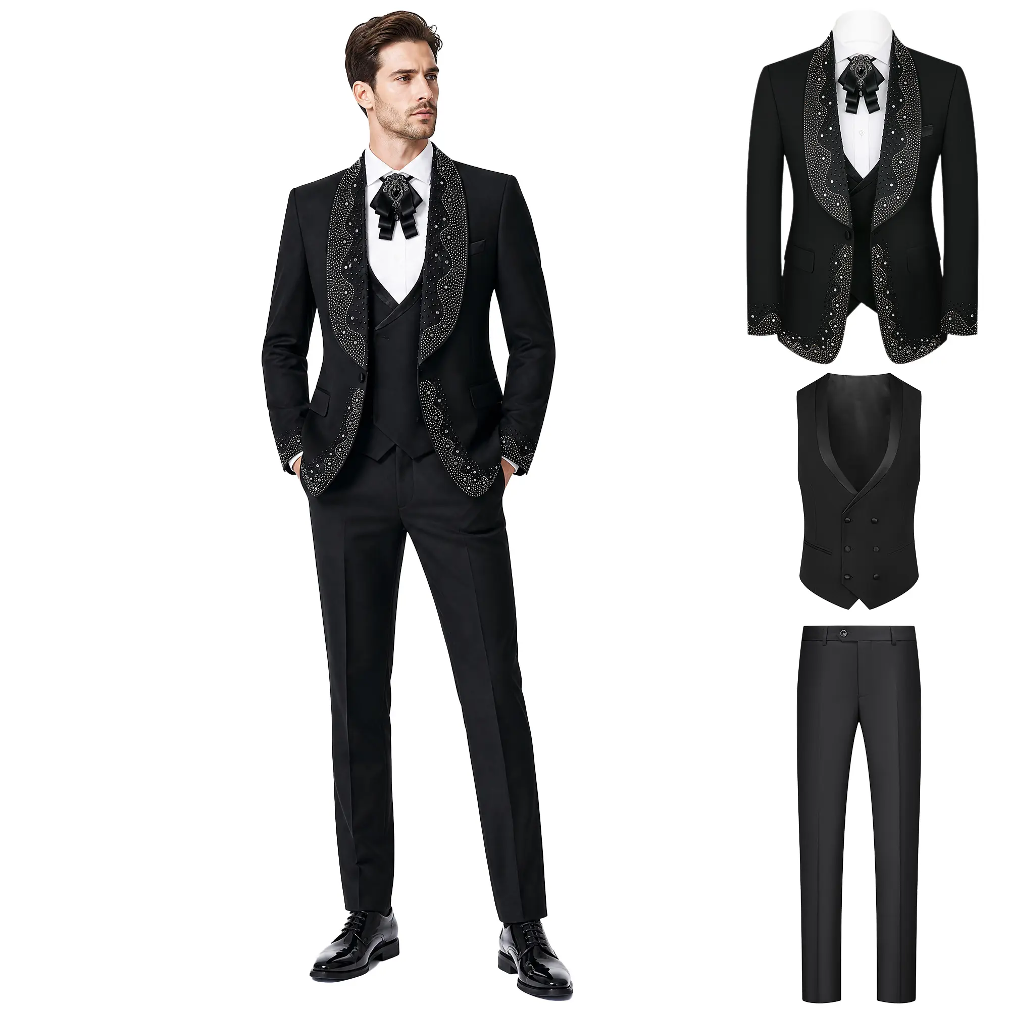 3 Piece Rhinestone Tuxedo For Men - Slim Fit Shawl Lapel Suit for Prom Wedding