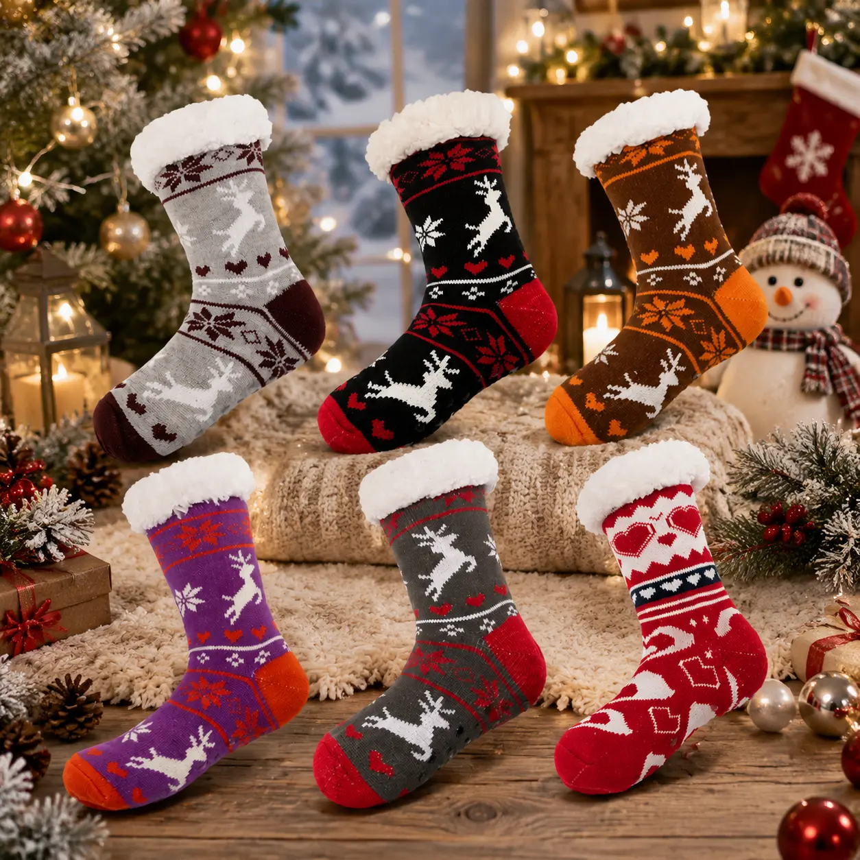 Cute Christmas Fuzzy Socks for Women, Reindeer Plush Floor Socks, Warm Fleece Lined Non-Slip Socks