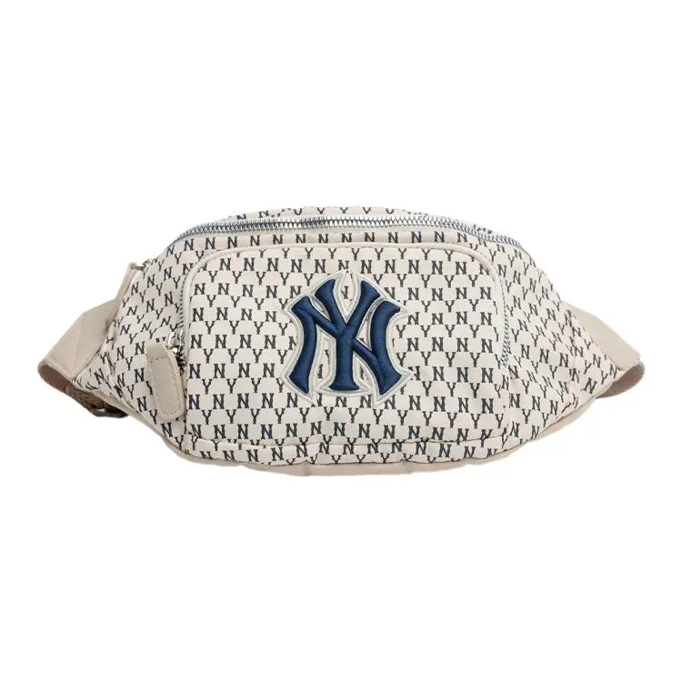 MLB Monogram NY Yankees Vintage All-Over Print Nylon Crossbody Bag for Men and Women, Classic Style in Ivory