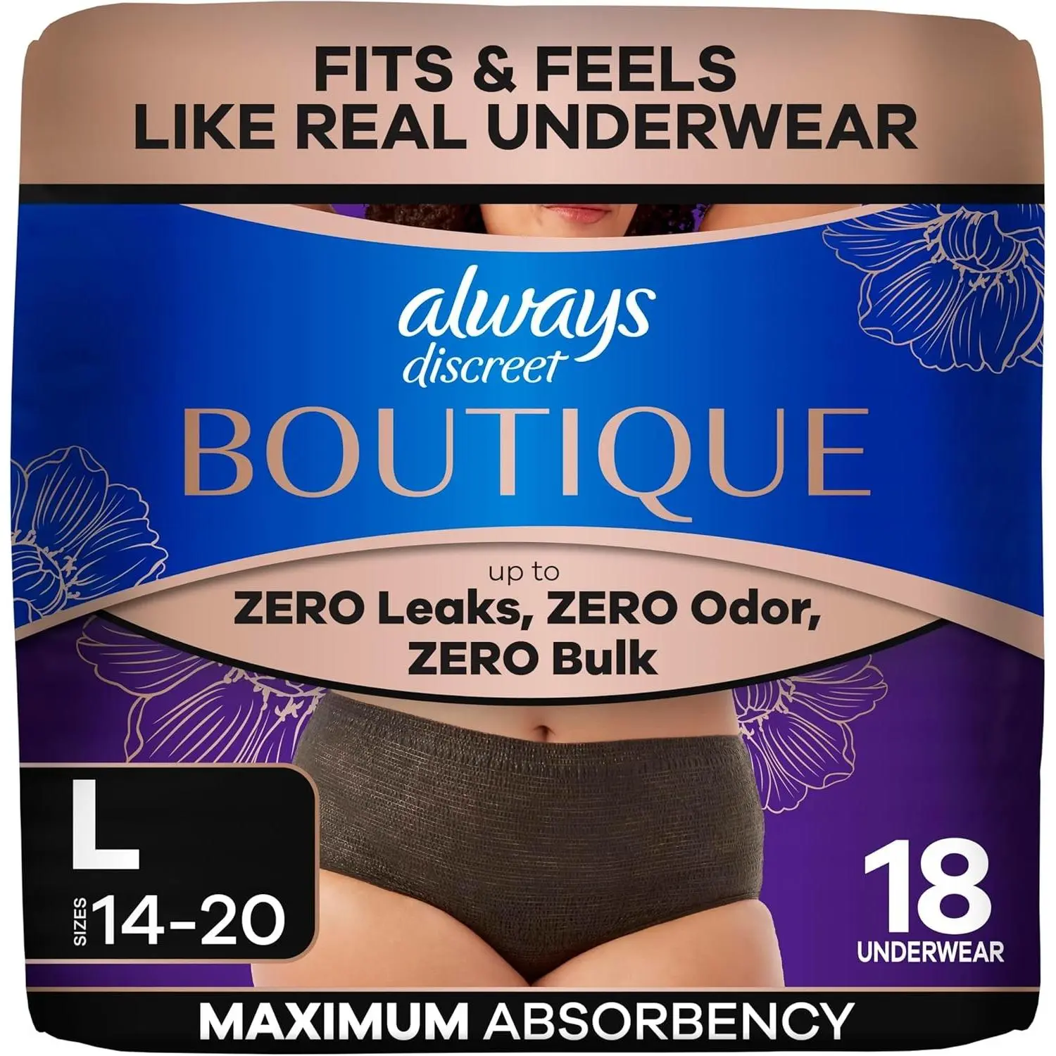 Always Discreet Boutique Incontinence and Postpartum Underwear for Women, Maximum Protection, Large, Black, 18 Count
