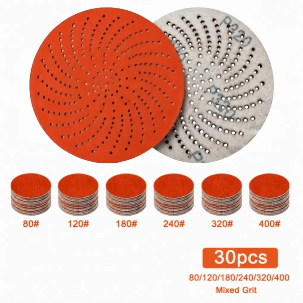 30pcs 6-Inch Cyclone Multi-Pore Sanding Discs, Mixed Grit 80-400, Hook Loop Backing, Dust-Free, for Wood, Metal, Car Polishing, DIY Projects