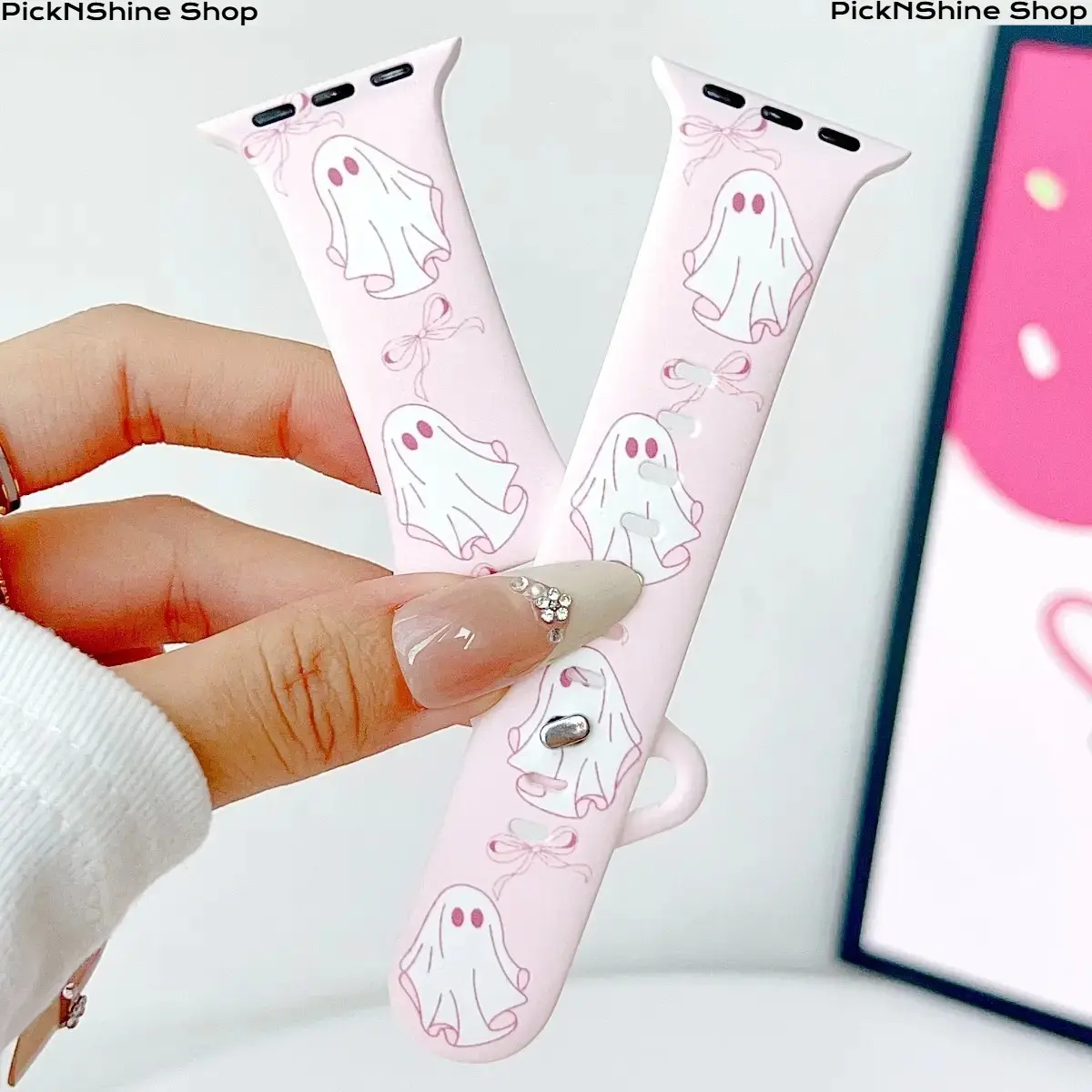 Women Cute Pastel Pink Ghost Bow Silicone Apple Watch Band Soft Lightweight Breathable Skin Friendly Replacement Strap Compatible Apple Watch Ultra SE Series 1-11 38-49mm Minimalist Spirit Aesthetic Daily Wear TikTok Viral Girly Gift Accessory