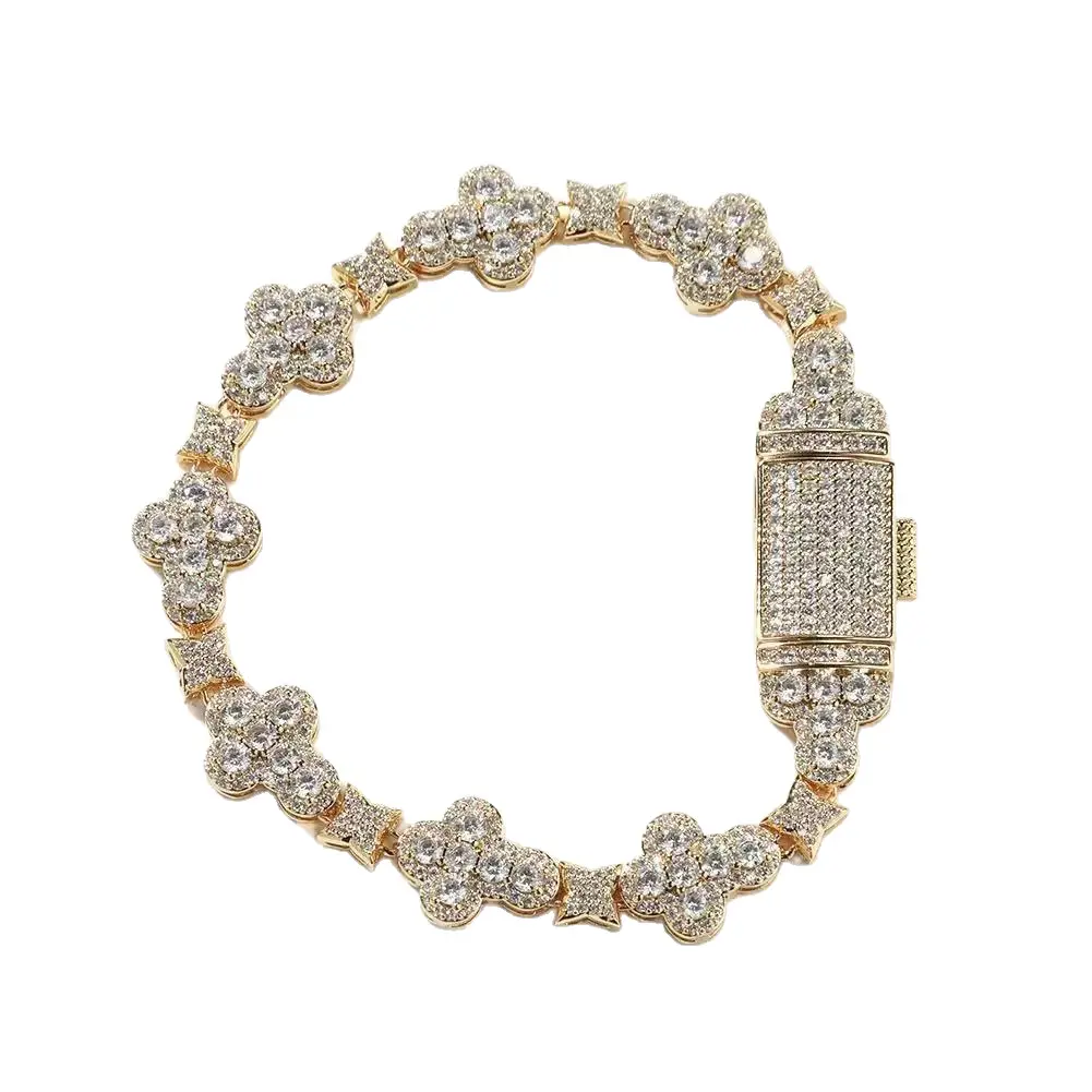Loveden  Unisex Full Pave Clover Hip Hop Tennis Bracelet, 18K Gold / Silver Plated Iced Out Link Bangle, Luxury Designer Inspired CZ Bracelet for Men & Women