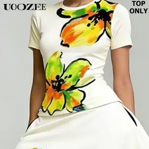 UOOZEE Women's Summer Everyday Basic Vibrant Abstract Flower Print Slim T-Shirt(TOP ONLY), Short Sleeve Crew Neck Slim Fit Top, Casual Office Blouse, Size Up for Full Bust
