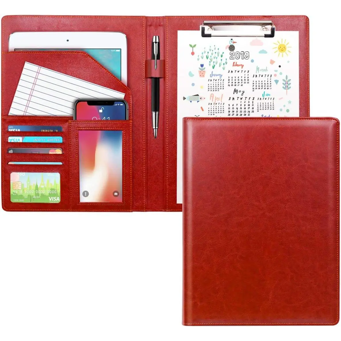 Padfolio Business/Resume Portfolio Folder, Leather Interview Portfolio Business Portfolio Portfolio Organizer with Legal Pad Folder Clipboard,Interview Folder for Men/Women, red
